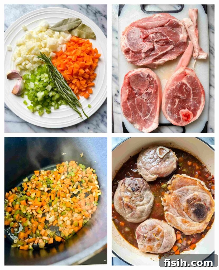 Process shots of pork osso buco ingredients being prepared and cooked together, from browning meat to simmering.
