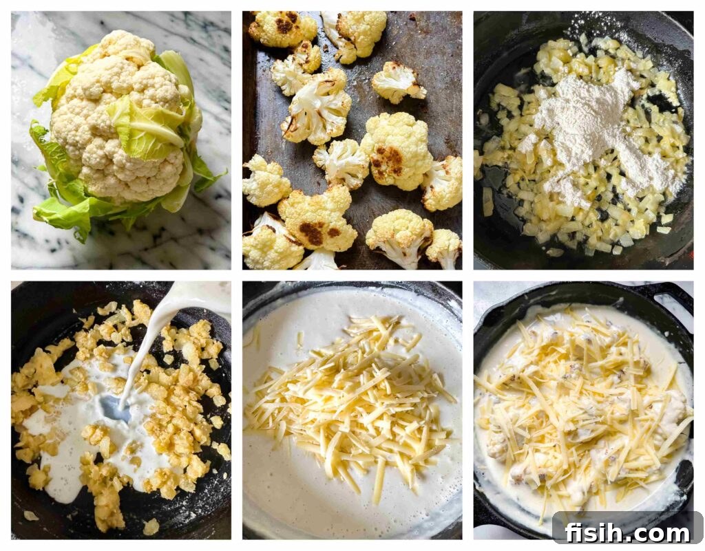 Process shots of cauliflower being cut into florets and Mornay sauce being prepared