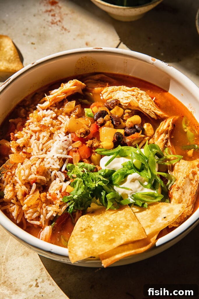 One-Pot Wonder Chicken Tortilla Soup 3 Close up shot of instant pot chicken soup with tortilla chips, rice and veg
