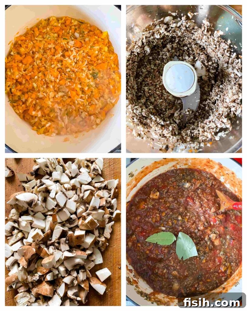 Process shots showing the stages of making vegetarian mushroom bolognese from sautéing vegetables to simmering the sauce.