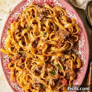 Plate of pasta with vegetarian mushroom bolognese