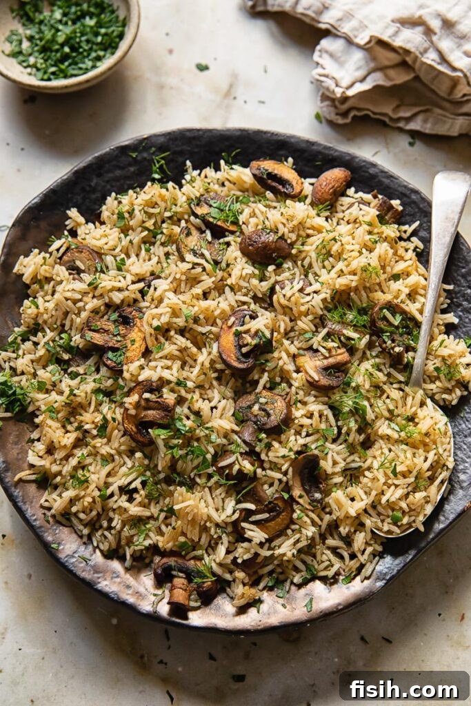 Earthy Mushroom Herb Pilaf 4 Top down view of fluffy herbed mushroom rice on a plate, garnished with a sprig of dill and parsley, showcasing its simple elegance.