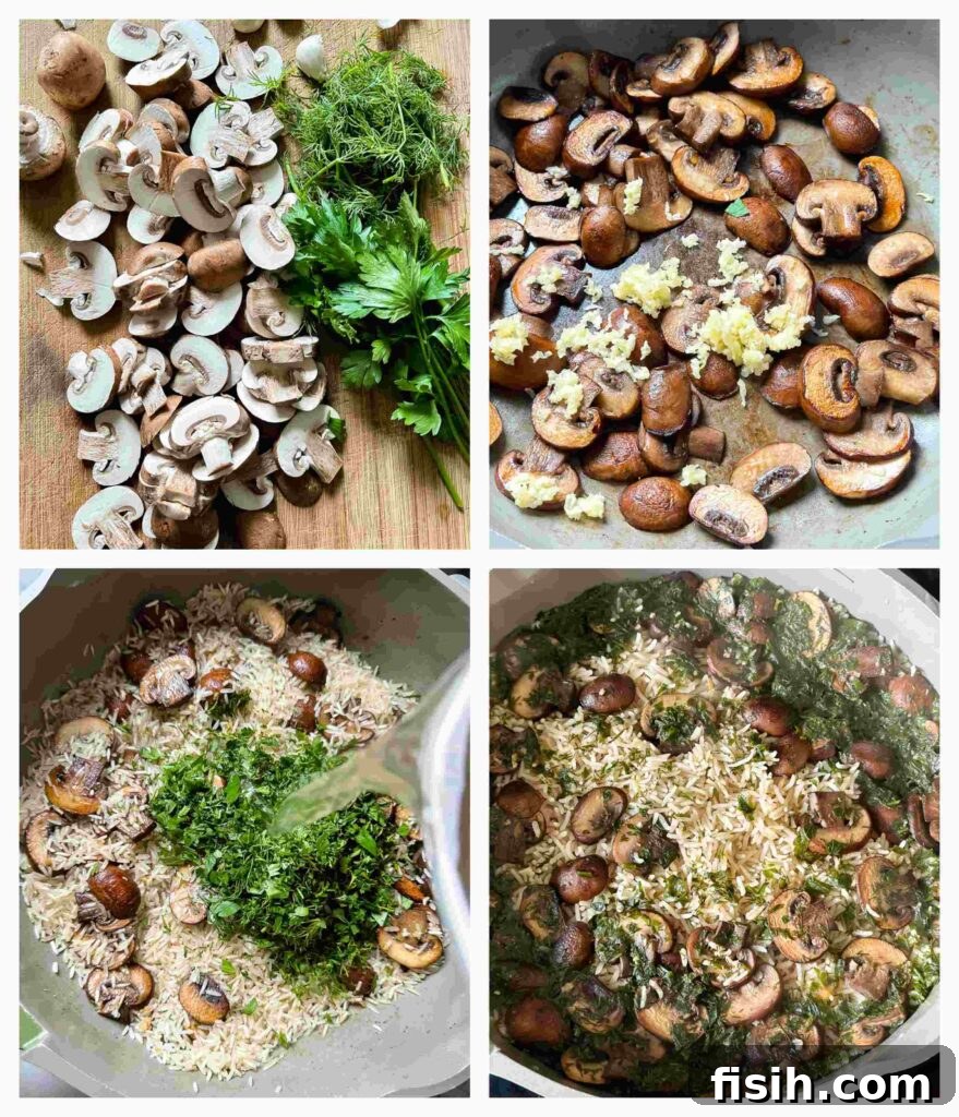 Earthy Mushroom Herb Pilaf 5 Process shots showing sliced mushrooms being sautéed, minced garlic, and fresh dill and parsley prepared, illustrating the initial steps for making herbed mushroom rice.