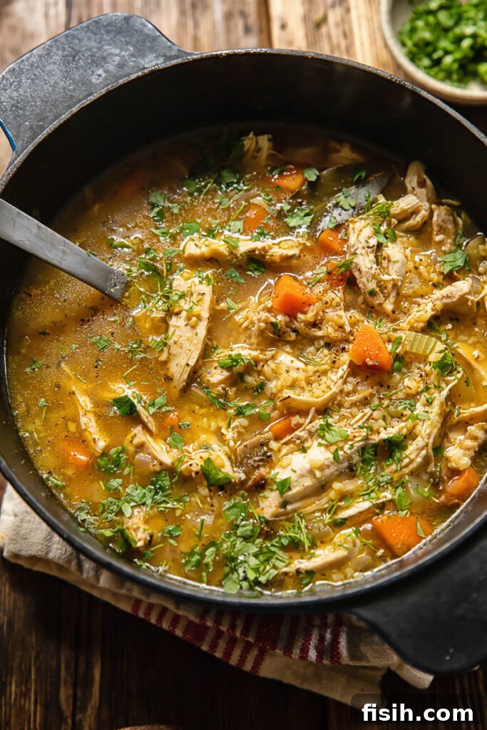 Close-up shot of rich chicken and mushroom soup with carrots and dill simmering in a large pot, with a ladle ready.