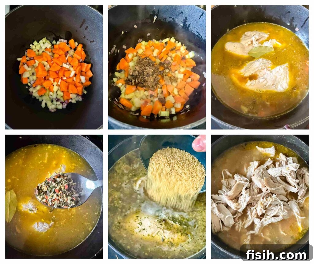 Process shots showing carrots, celery, chicken, mushrooms, and bulgur being combined to create the flavorful soup.