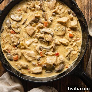Top down view of Turkey a la King in a pan with peppers and mushrooms