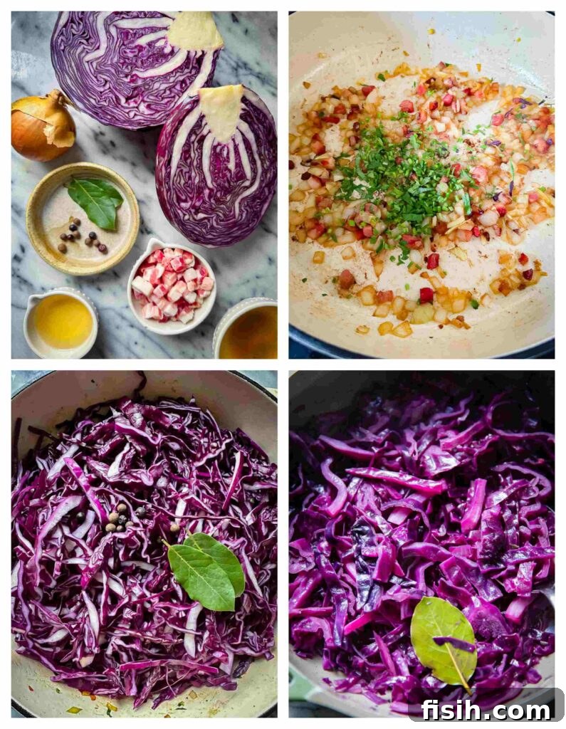 Slow-Simmered Ruby Cabbage 4 Process shots of raw ingredients being cut and cooked together for the braised red cabbage, showing prep and cooking steps