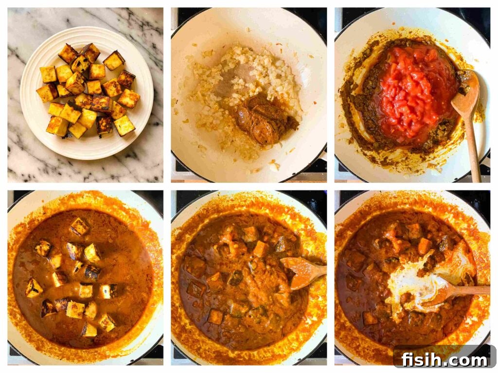 Collage of six photos showing the step-by-step process of making paneer tikka masala