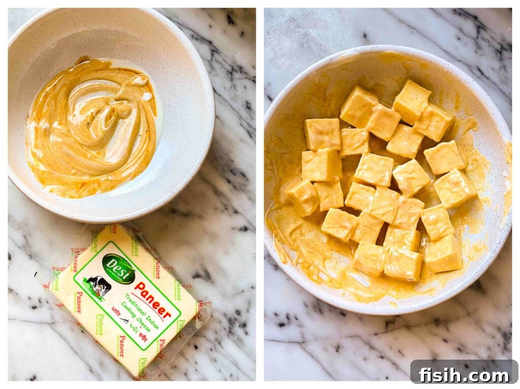 Bowl of yogurt mixed with curry paste, and a second photo showing paneer cubes added to the marinade