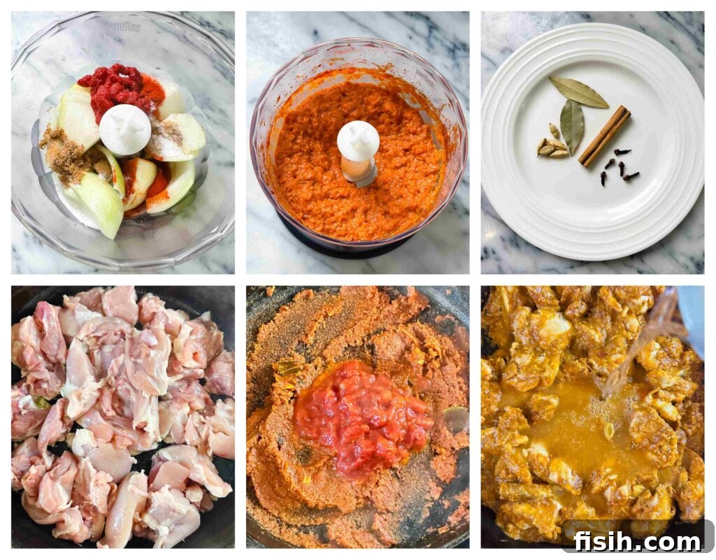 Scarlet Kashmiri Chicken 4 Six process shots showing the step-by-step preparation of Chicken Rogan Josh from scratch.