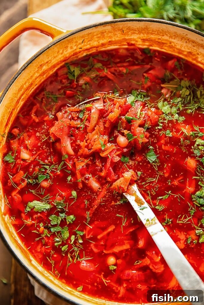 pot of vegetarian borscht with a ladle