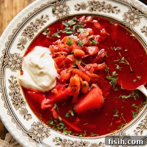 bowl of vegetarian borscht with sour cream