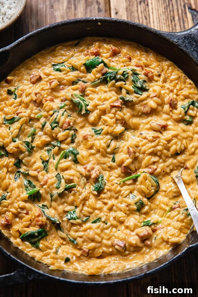 Close-up shot of creamy chorizo and spinach orzo in a pan, highlighting the melted cheese and individual orzo grains coated in sauce