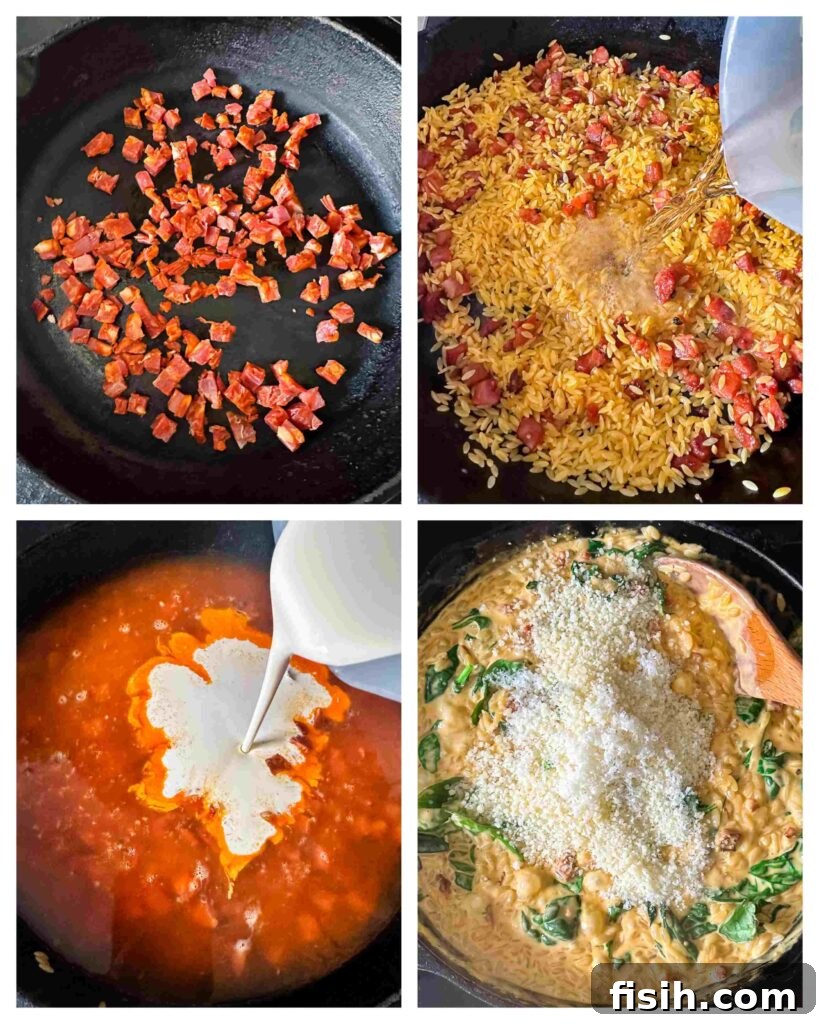 Process shots showing the stages of cooking chorizo and creamy sauce, then adding them to orzo in a pan, illustrating the step-by-step preparation