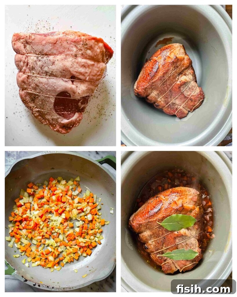 Perfectly Tender Slow Cooker Roast 5 Process shots illustrating the preparation and marination of beef before being slow roasted, showing various stages of seasoning and browning.