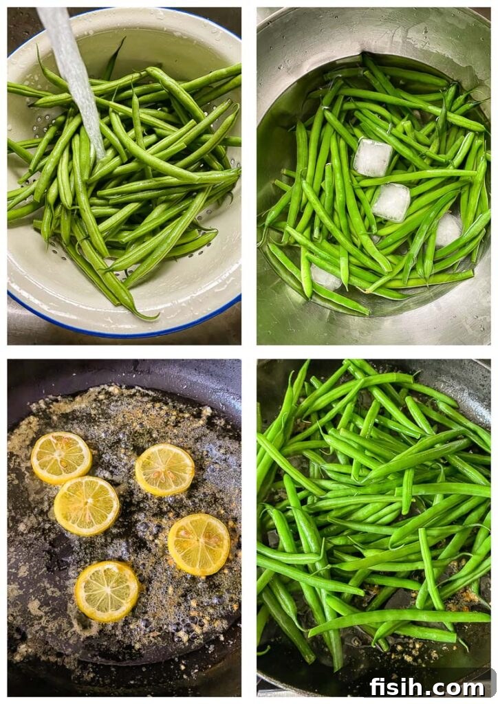 Bright Lemon Butter Green Beans 4 Process shots showing green beans being parboiled, then shocked in ice water, followed by lemon and garlic simmering in a frying pan, and finally all ingredients combined.