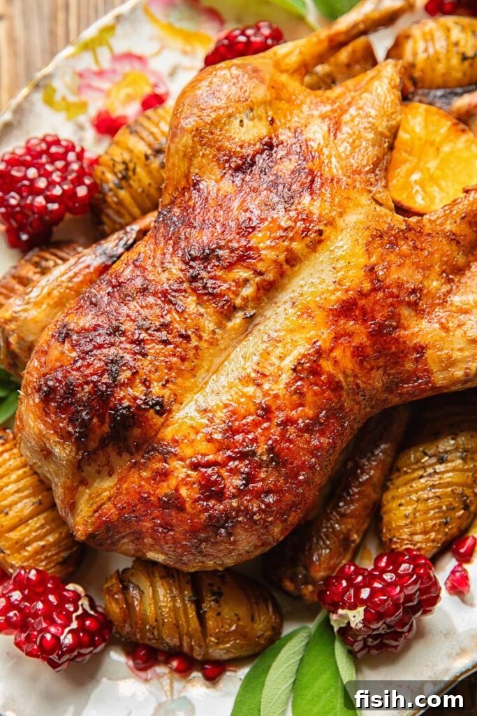 Close up shot of roasted duck on a platter with cranberries and potatoes