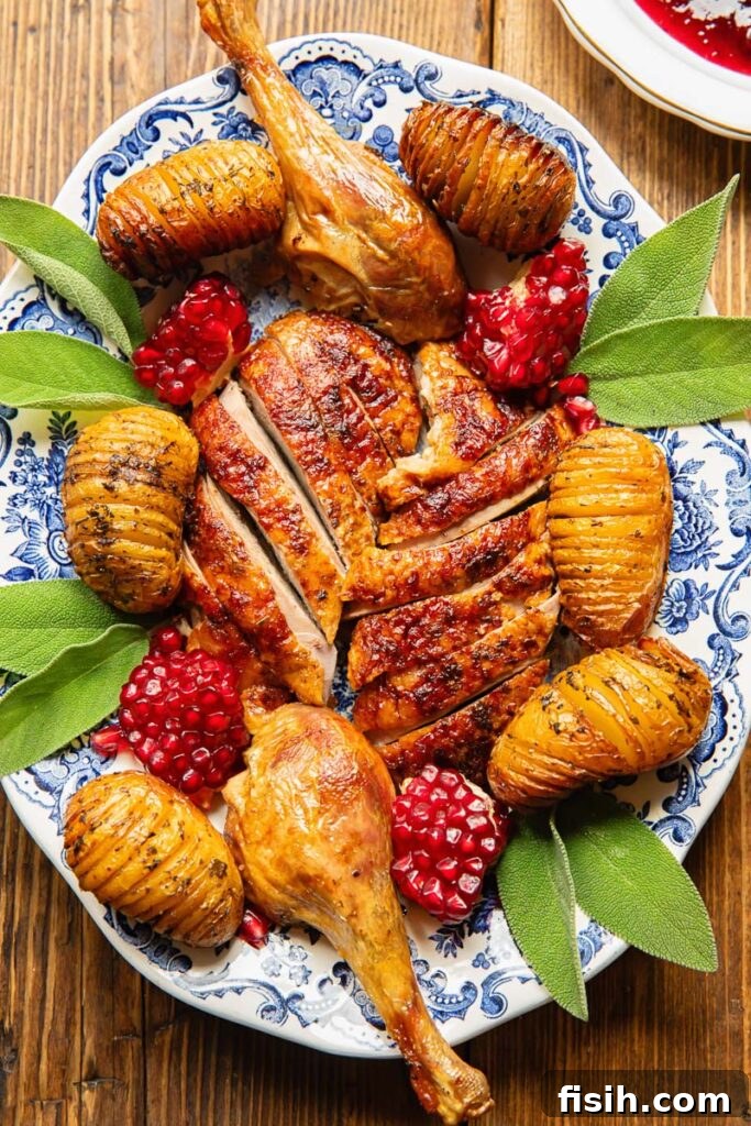 Top down view of slices of roast duck with potatoes on a plate