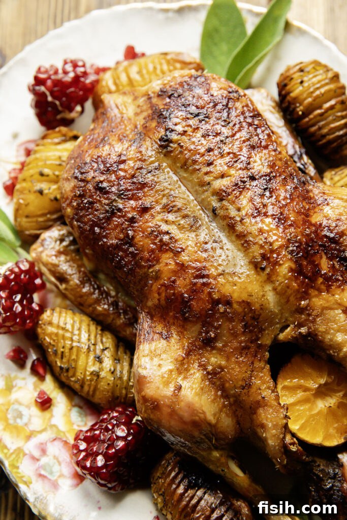 Close up shot of whole roast duck on a platter with potatoes