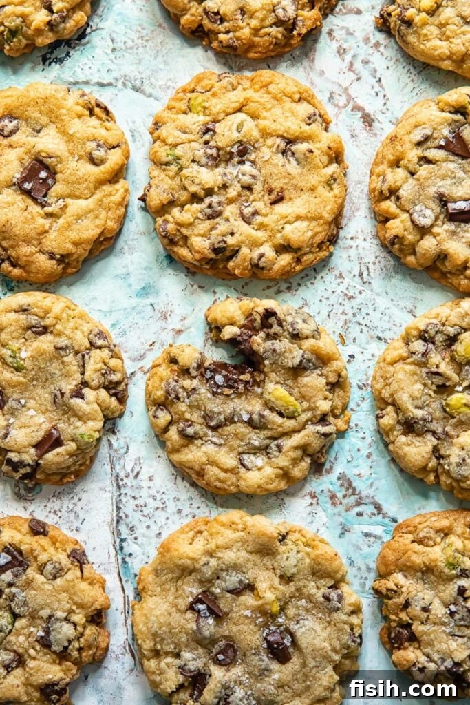 Top down shot of chocolate chip cookies laid out on a baking sheet