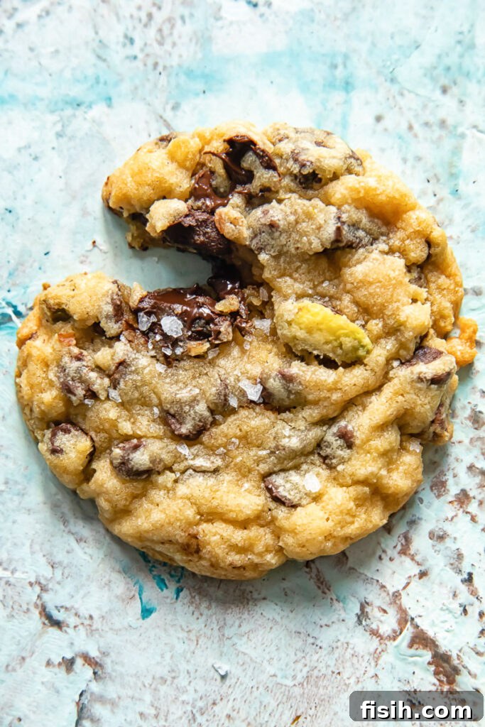 Close up shot of a chocolate chip cookie with a bite taken out