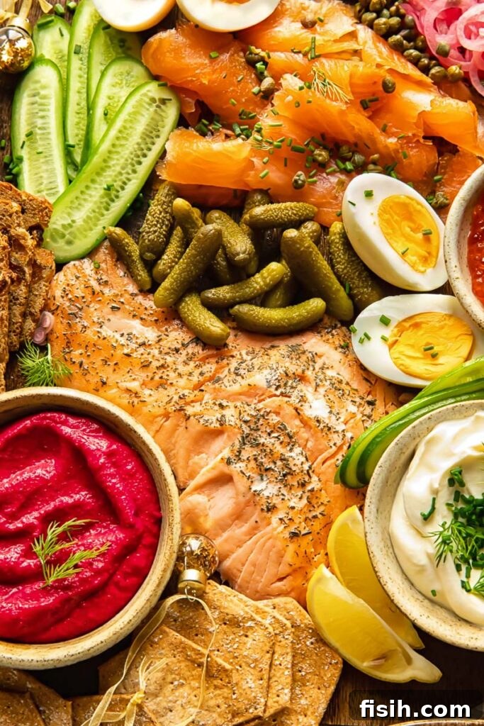 Close u shot of Scandi-inspired grazing bored with smoked salmon, veg and dips