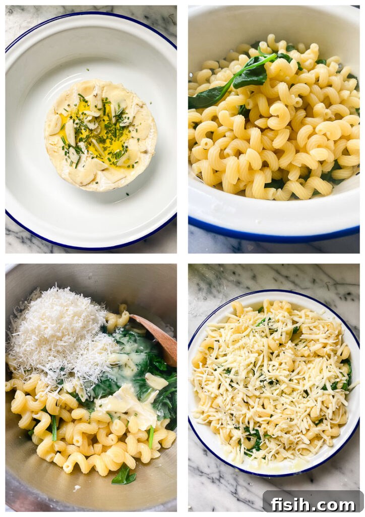 Process shots showing how to prepare Brie Mac and Cheese, including slicing brie and mixing ingredients.