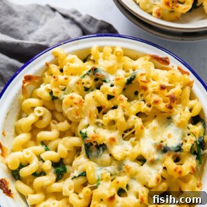 Top down view of brie mac and cheese in a baking dish
