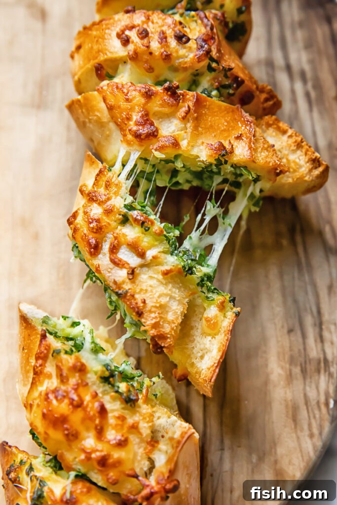 Close up shot of melted, stretchy mozzarella cheese pulling apart between slices of freshly baked air fryer garlic bread.