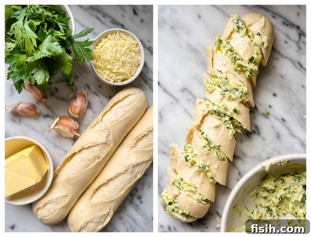 Process shots showing an unbaked baguette being prepared, with garlic butter being spread into its slits on a cutting board.