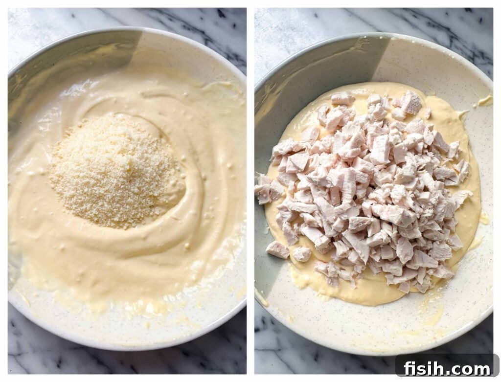 Crispy Caesar Chicken Bites 5 Process shots demonstrating how the chicken Caesar topping is mixed together in a bowl before being assembled onto crostini.