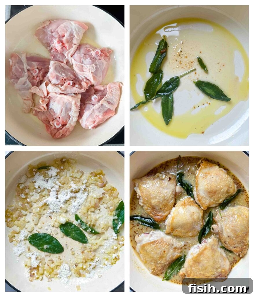 Process shots of chicken thighs and sage sauce being prepared and cooked