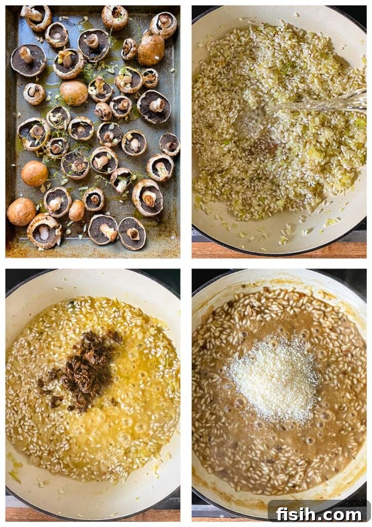 Earthy Roasted Mushroom Risotto 4 Process shots demonstrating the step-by-step addition of ingredients and stirring technique for making risotto.