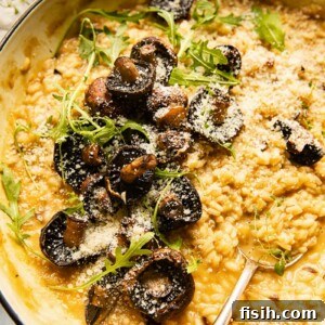Earthy Roasted Mushroom Risotto 6 Close up of roasted mushroom risotto