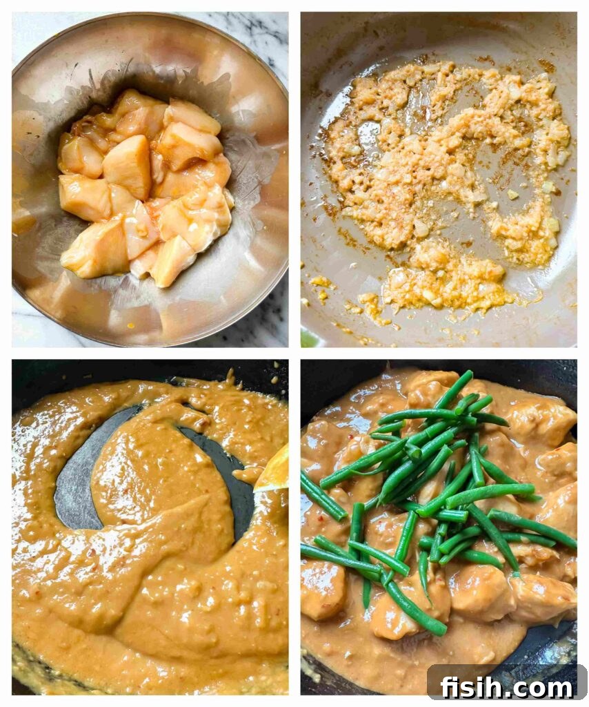 Process shots of peanut butter sauce being made and combined with chicken and green beans