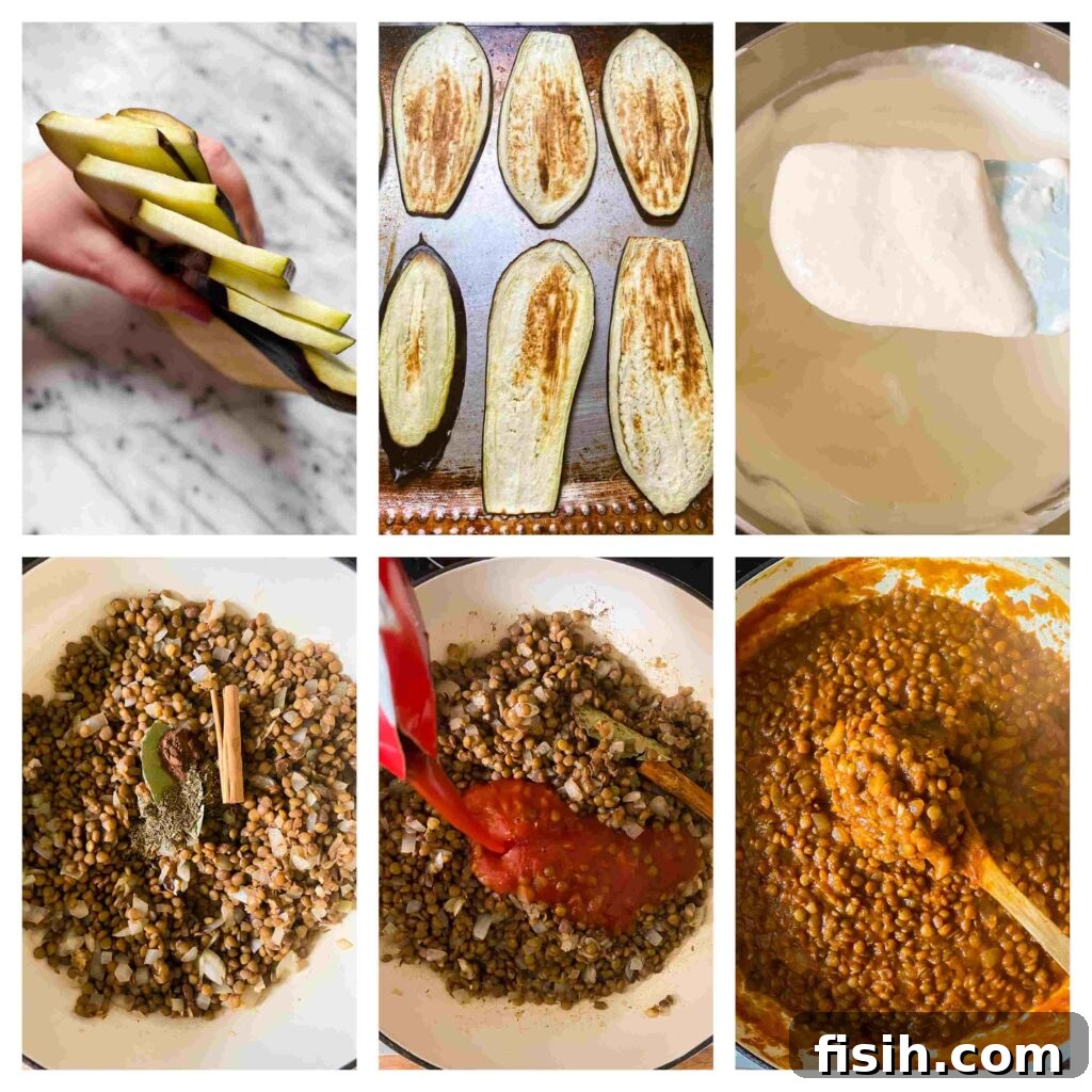 Wholesome Plant-Based Lentil Moussaka 4 Process shots showing the cooking of the eggplants and lentils