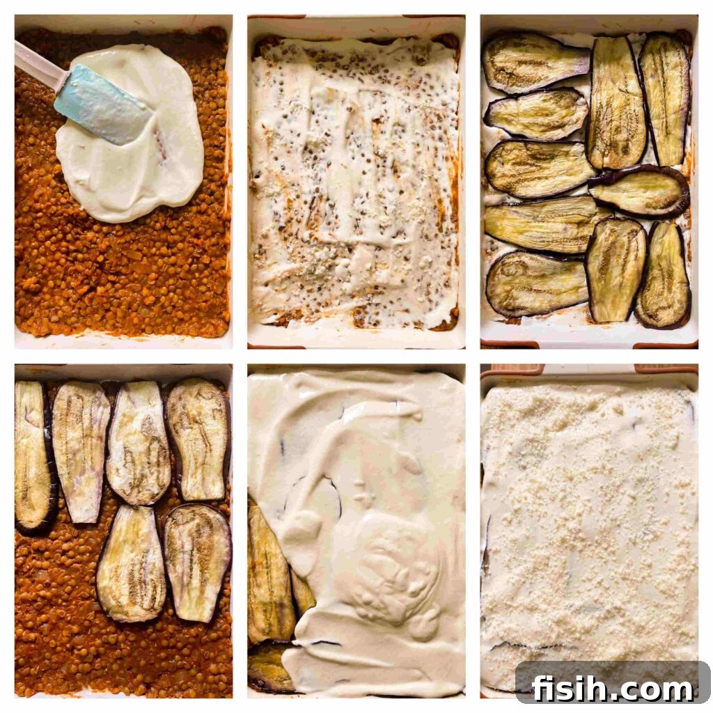 Wholesome Plant-Based Lentil Moussaka 5 Process shots showing the assembly of the vegetarian moussaka