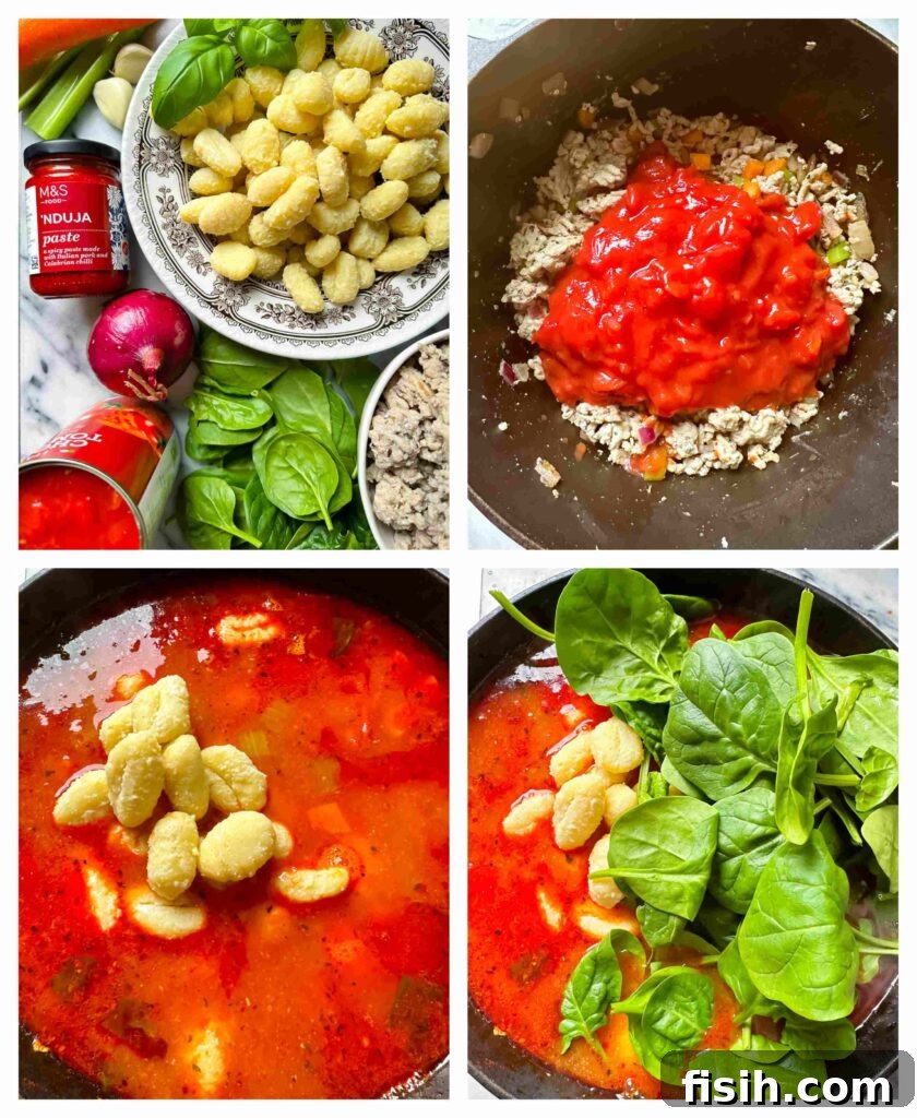 Nduja-Infused Sausage Gnocchi Soup 4 four process shots showing how to make in a pot