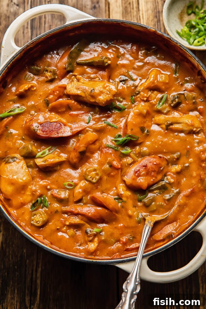 Soulful Chicken and Sausage Gumbo 2 Chicken and sausage gumbo in a large pot with okra peppers and celery