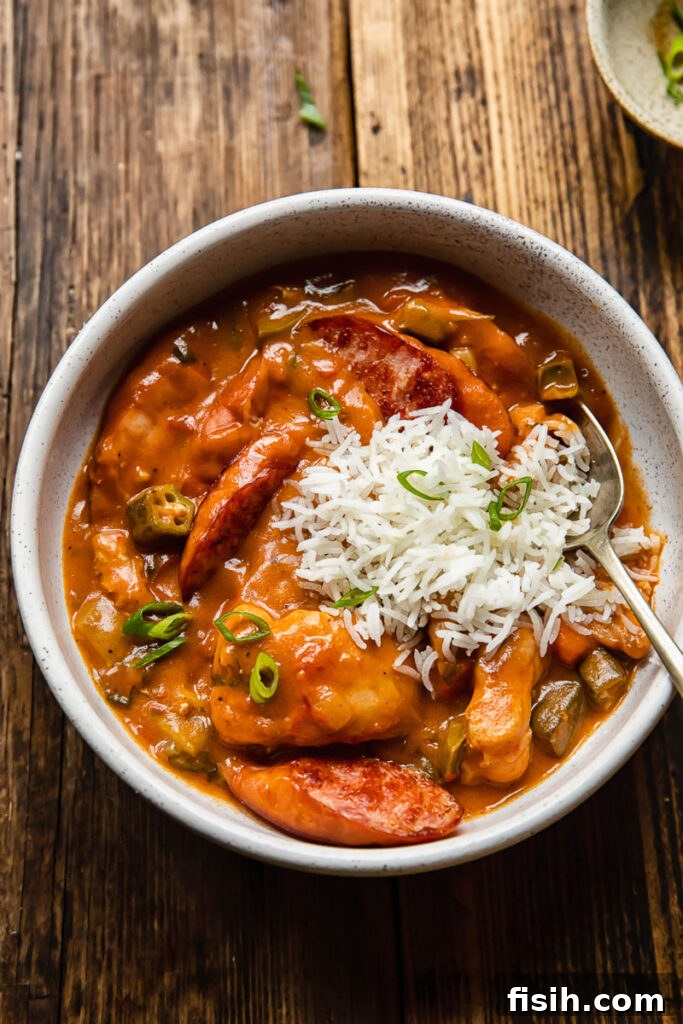 Soulful Chicken and Sausage Gumbo 3 Top down shot of chicken and sausage gumbo in a bowl with a spoon topped with green onions