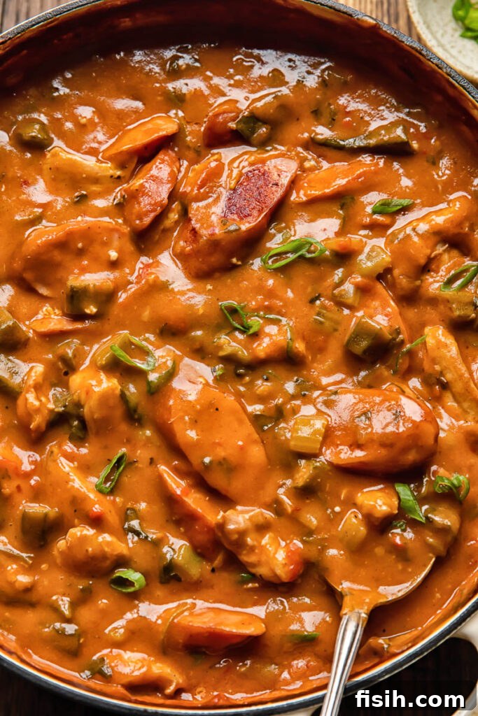 Soulful Chicken and Sausage Gumbo 4 Close up shot of chicken and sausage gumbo in a pot with okra and greens topped with chives