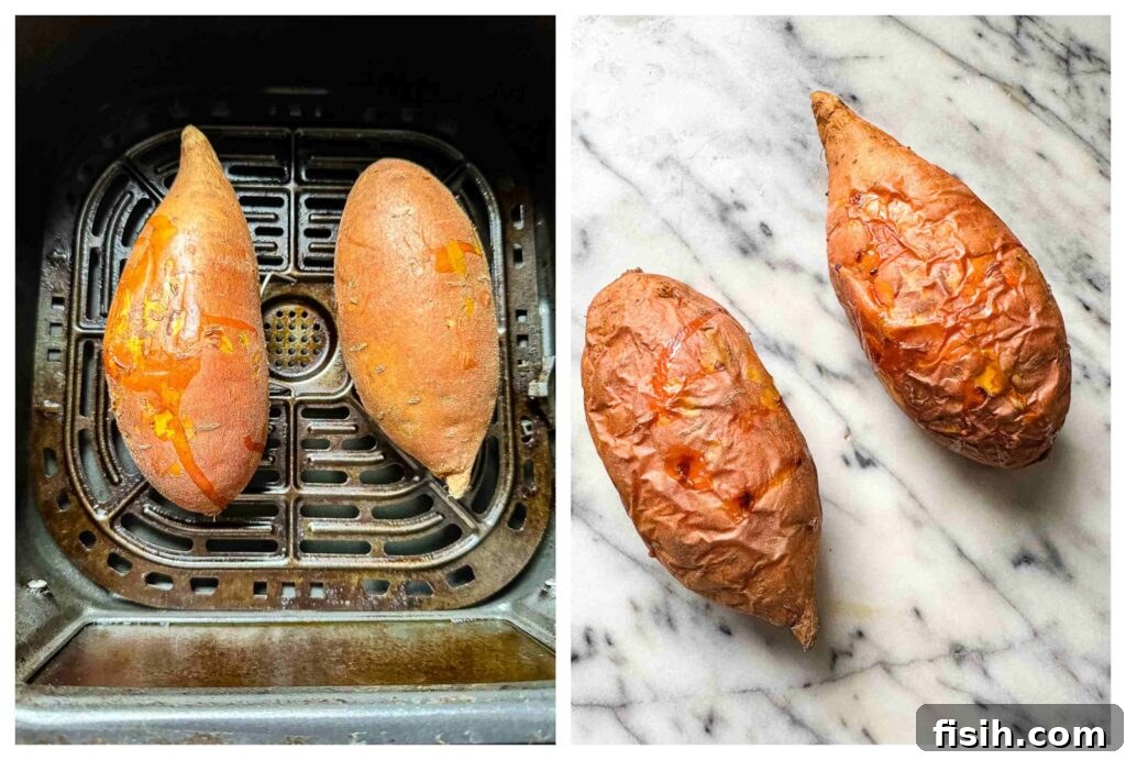 Process shots showing a sweet potato being placed into an air fryer basket and then removed perfectly baked