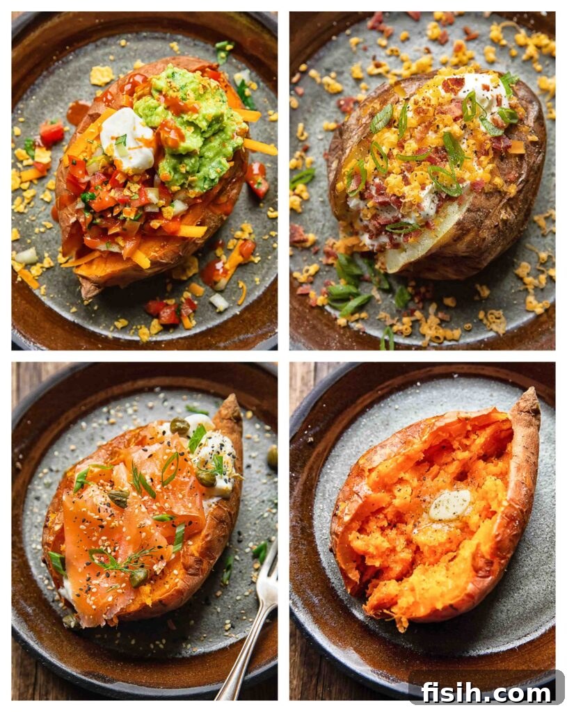 A collage of three delicious baked potatoes, each featuring a unique, gourmet topping: New York Bagel, Tex Mex, and Classic styles.