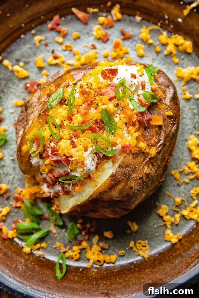Top down shot of a baked potato, sliced open and overflowing with creamy sour cream, crispy bacon bits, melted cheese, and fresh green onions.