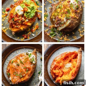 collage of baked potatoes with different toppings