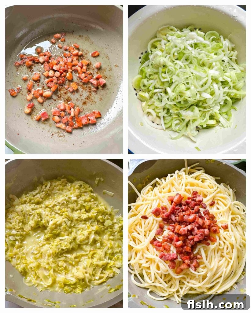 Four sequential process shots illustrating the steps for preparing leeks for cooking, from trimming to final wash.