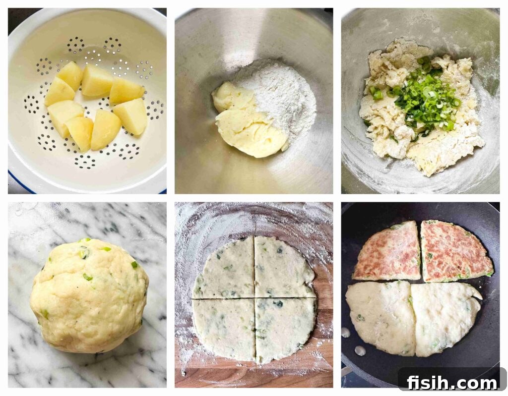 Process shots of potato farl batter being made mixed and fryed on a pan