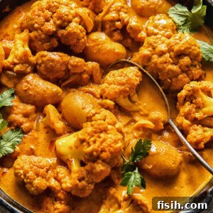 cast iron pan with potato cauliflower tikka masala