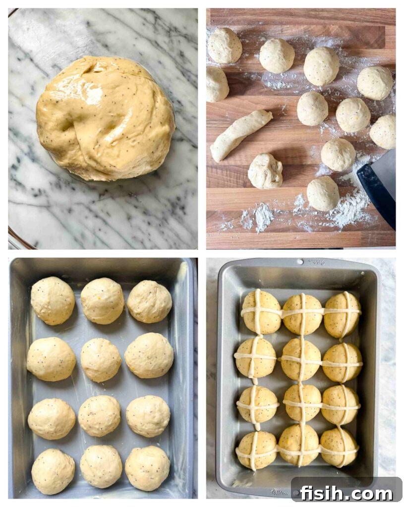 Sunshine Lemon Poppy Seed Hot Cross Buns 6 Four sequential process photos showing the steps of preparing hot cross bun dough: mixing, kneading, rising, and shaping into individual buns ready for baking.