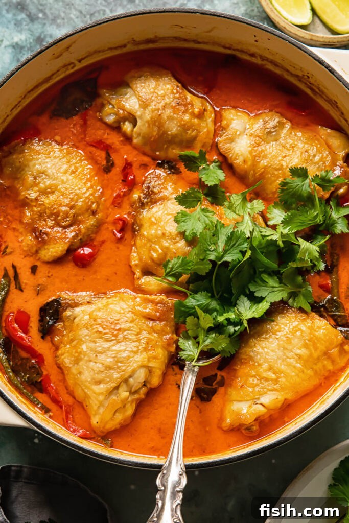 Top-down view of braised coconut curry with chicken thighs garnished with fresh parsley